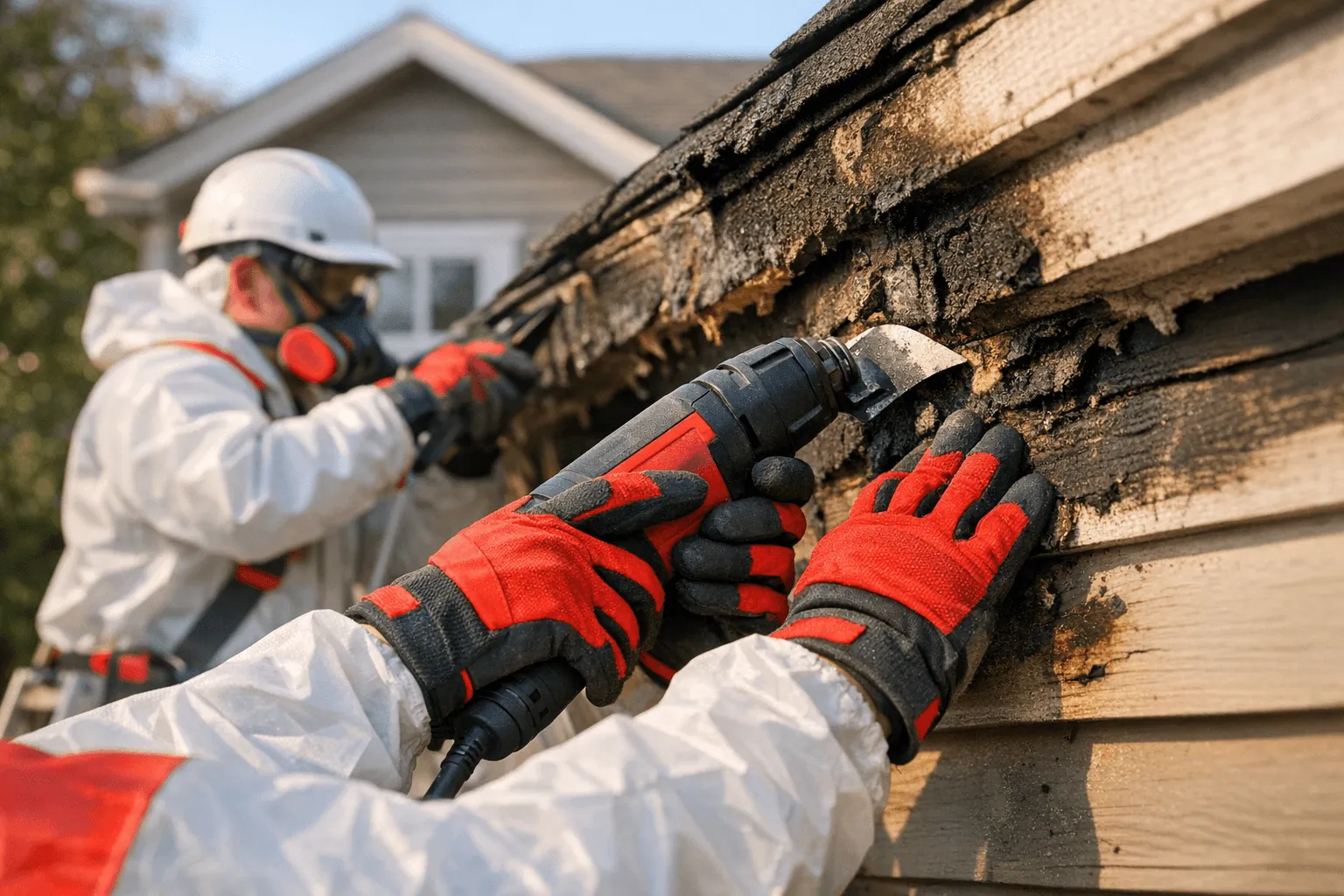 Two workers in protective gear inspecting and repairing fire-damaged siding and roof edges of a residential home exterior