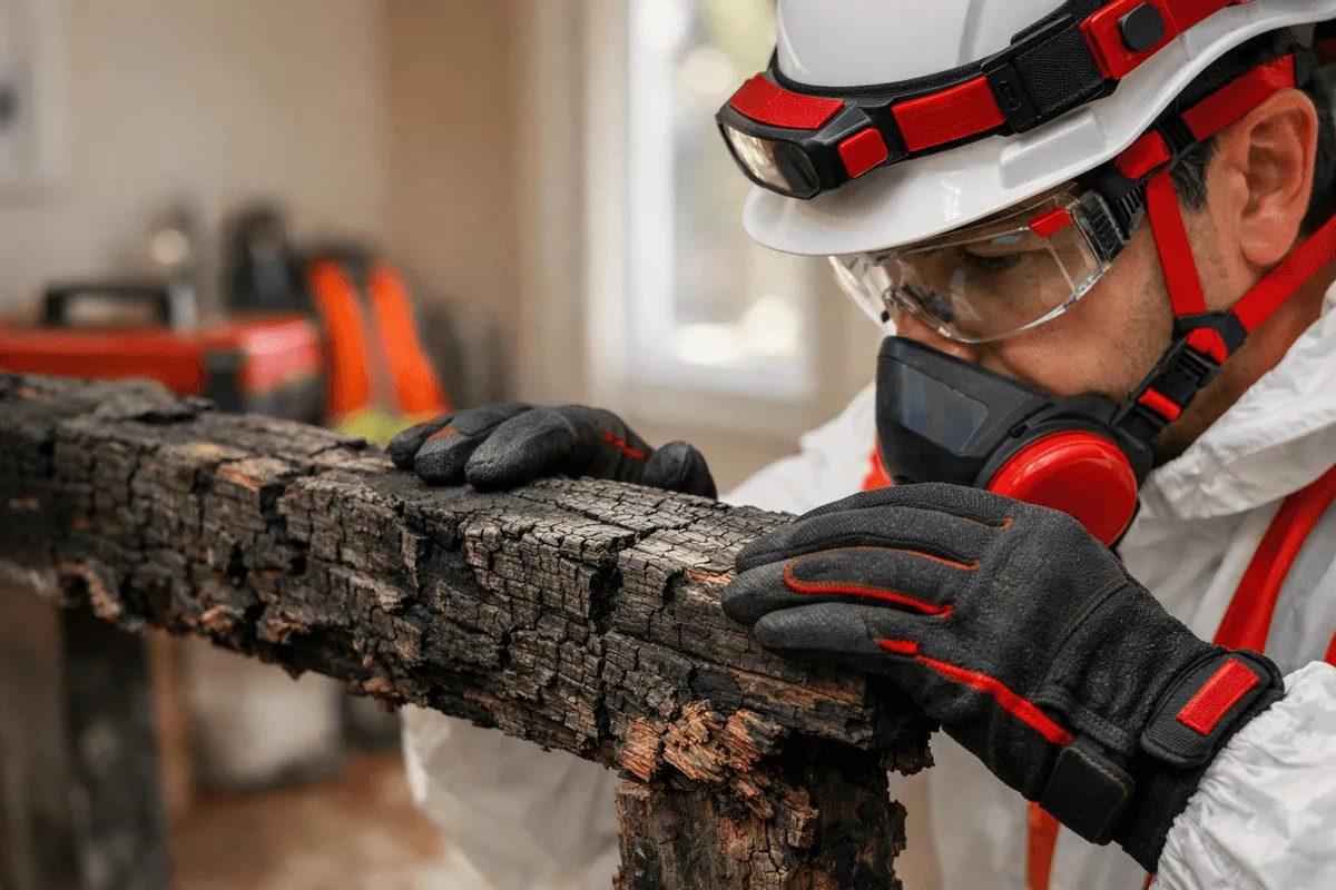 Close-up of gloved hands inspecting a charred wooden beam inside a clean residential interior during fire damage restoration