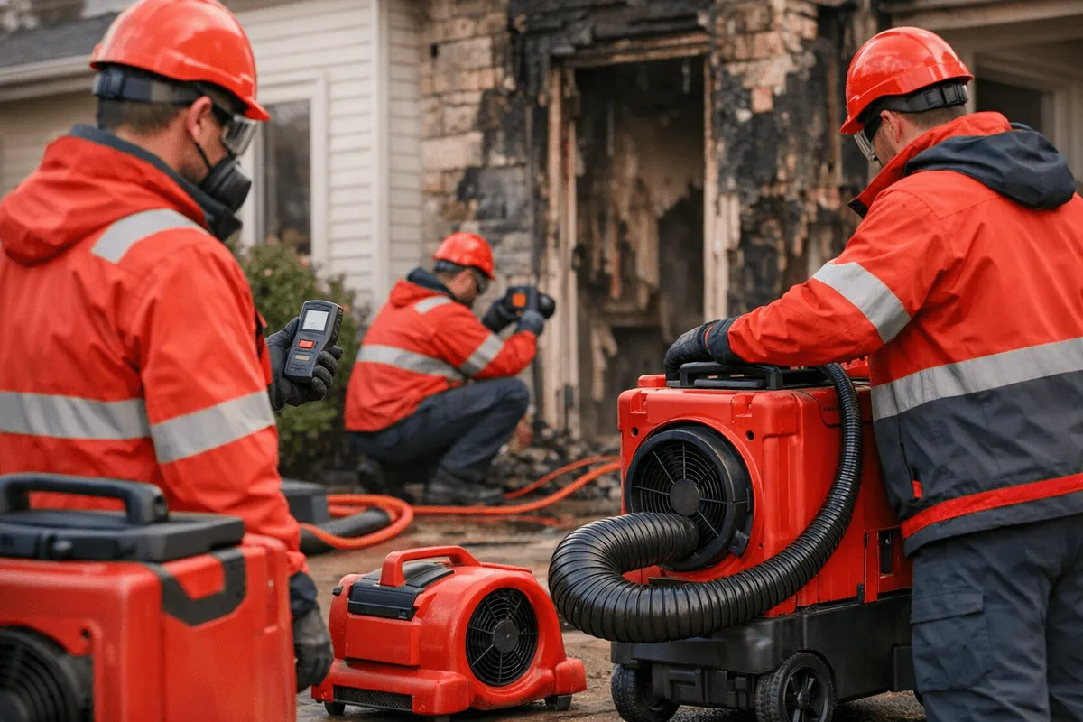 Close-up of gloved hands inspecting a charred wooden beam inside a clean residential interior during fire damage restoration